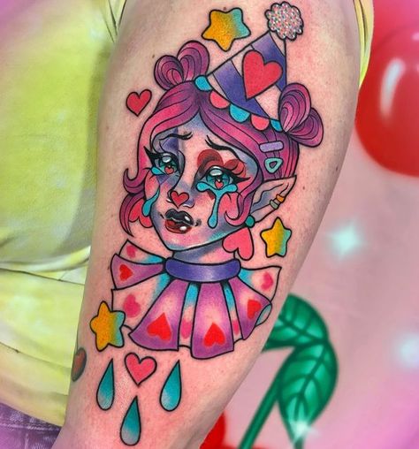 Kawaii Space Tattoo, Girly Pop Tattoo, Clown Tattoos, Pastel Tattoo, Colour Tattoos, Candy Tattoo, Traditional Tattoo Inspiration, Tattoo Sheet, Bright Tattoos