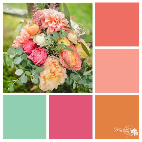 Pink Orange Mint Wedding, Magenta Coral Color Palettes, Coral Pink Green Palette, Sage Pink Orange Wedding, Pale Pink And Orange Wedding, Pink Orange Green Color Scheme, Coral And Green Wedding, Pistachio Green Wedding, Pink And Orange Wedding Theme