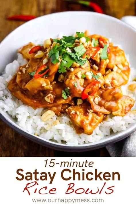 You won\'t believe how quickly this chicken satay rice bowl comes together, for something so tasty! This easy Asian stir fry has a perfect punchy peanut sauce that coats tender chicken breast pieces. Served on rice or rice noodles with crunchy peanuts, fresh cilantro and a few Thai chiles, this is a colorful and delicious 20-minute weeknight meal. #chicken #chickendinner #dinnerrecipes #easydinnerrecipes Chicken Breast Pieces, Asian Stir Fry, Chicken Rice Bowls, Easy Asian, Summer Meals, Chicken Satay, Chicken Dishes Recipes, Peanut Sauce, Rice Bowl