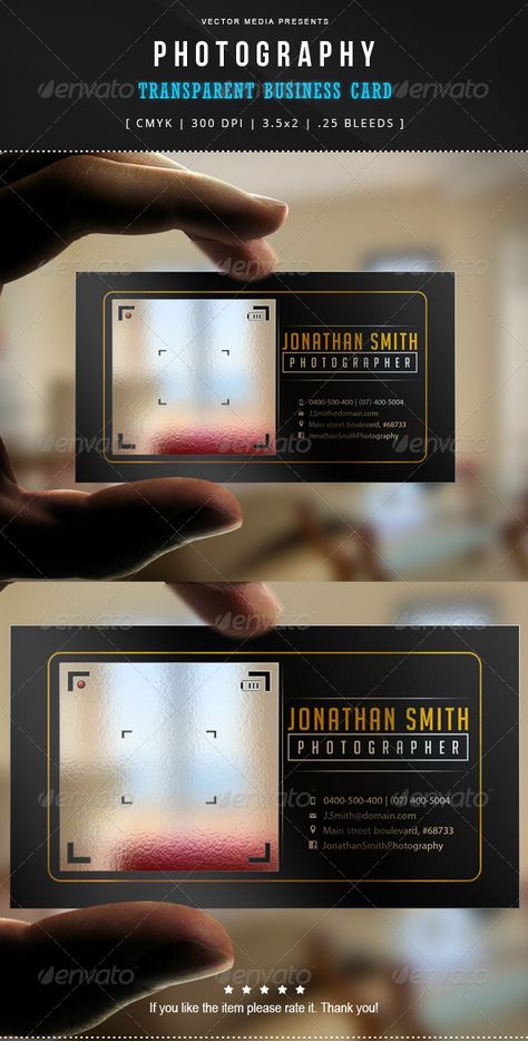 Photography - Transparent Business Card | Download: http://graphicriver.net/item/photography-transparent-business-card/7606176?WT.ac=category_thumbWT.z_author=VectorMediaref=ksioks Business Card Ideas Photography, Item Photography, Transparent Business Cards, Unique Business Cards Design, Buisness Cards, Business Cards Photography, Photographer Business Cards, Cars Design, Name Card Design