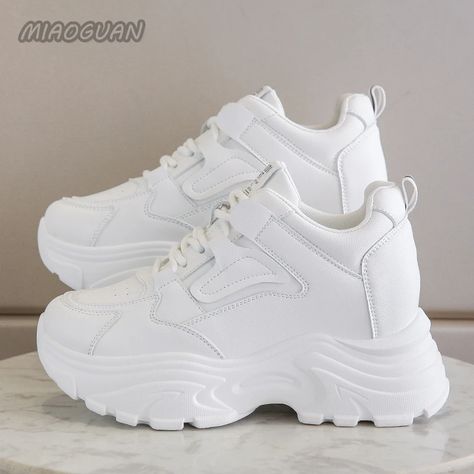 White Platform Women's Sneakers 2024 Spring Lace-Up Thick Bottom Vulcanize Shoes Woman Pu Leather Platform Bridal Shoes, Shoes With Platform, Sneakers 2024, White Chunky Sneakers, White Platform Shoes, Fashion Trainers, White Platform Sneakers, Jelly Wallpaper, Platform Shoe