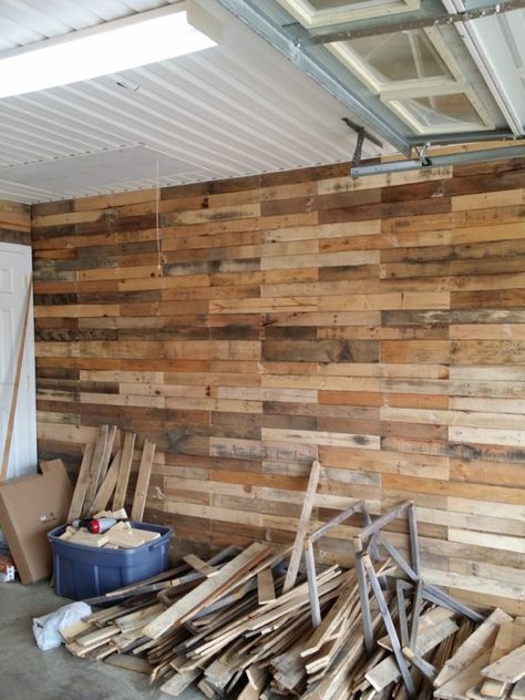 Garage Transformed Into Super Pallet Garage! Pallet Wall Decor & Pallet Painting Pallet Walls & Pallet Doors Pallet Door, Pallet Wall Decor, Garage Floor Paint, Pallet Walls, Garage Remodel, Wood Pallet Wall, Garage Conversion, 카페 인테리어 디자인, Garage Interior