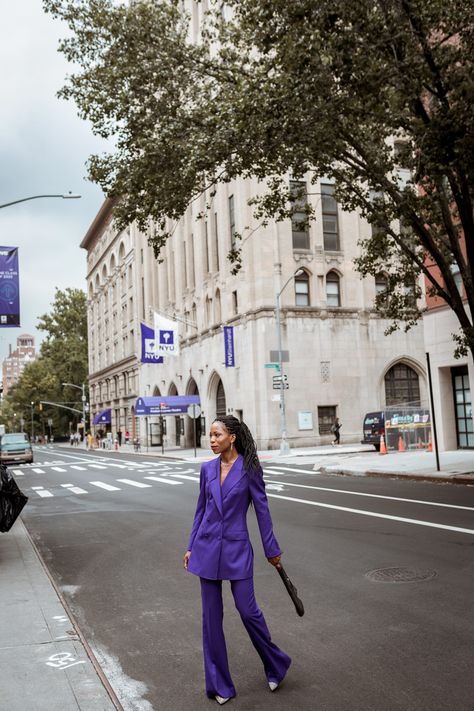 Purple Pant Suits Women, Purple Pantsuit, Nyu Campus, Pant Suit For Women, Purple Pants Outfit, Boss Lady Style, Hip Hop Wear, Sarah Flint, Pant Suits For Women