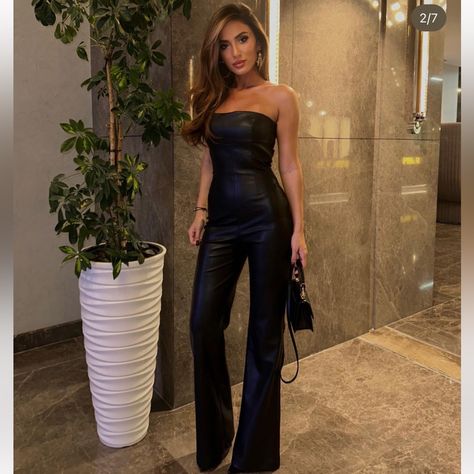 Long Jumpsuit With Straight Neckline And Exposed Shoulder .Side Hidden In Seam Zip Closure Runs Small Summer Bridesmaids, Long Jumpsuit, Leather Jumpsuit, Boho Jumpsuit, Satin Jumpsuit, Zara Jumpsuit, Wrap Romper, Straight Neckline, Long Jumpsuits