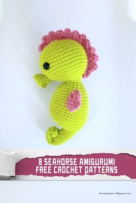 8 Seahorse Amigurumi Crochet Patterns -FREE Seahorse Crochet Pattern Free, Crochet Seahorse Free Pattern, Crochet Seahorse, Cute Seahorse, Crochet Toys Free Patterns, Crochet Toys Free, Crochet Strawberry, Embellished Clothing, Applique Pattern