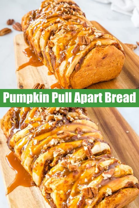 Caramel Pecan Pumpkin Pull Apart Bread - a simple and delicious dessert for fall that is loaded with pumpkin, chopped pecans and gooey caramel! Pumpkin Pull Apart Bread, Dessert List, Dessert For Fall, Yeast Baking, Pecan Pumpkin, Fall Eats, Best Homemade Bread Recipe, Pumpkin Recipes Easy, Gooey Caramel