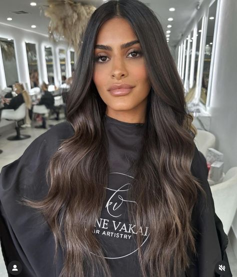 Natural Balayage On Dark Hair, High Quality Lifestyle, Dark Brown With Brown Balayage, Dark Brunette Ombre Hair, Dimensional Espresso Hair, Highlights To Cover Grey Hair Dark Brown, Half Head Highlights Black Hair, Ombre On Dark Brown Hair, Foils For Dark Hair