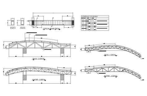 Typical beam and truss of house cad structure details that includes a detailed view of truss details, beam details, beam schedule details, support along, mid support details, dimensions details and much more of structure details. Truss Structure Architecture Building, Steel Structure Section, Structure System Architecture, Truss Structure Architecture, Roof Structure Architecture, Steel Structure Detail, Steel Structure Architecture, Cantilever Structure, Space Truss