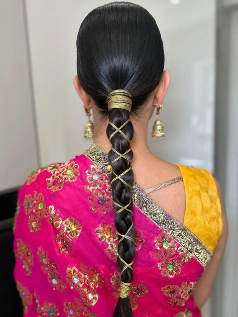 Wedding guest with punjabi braid Punjabi Style Hairstyle, Navratri Braid Hairstyles, Punjabi Jaggo Hairstyles, Mendhi Hairstyles Bridesmaid, Ponytail Hairstyles For Navratri, Garba Hairstyles Indian Braid, Gota Hairstyle, Jaggo Hair Styles Punjabi, Punjabi Hairstyles Braids