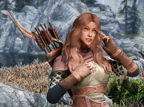 Elven beauty preset pack for Skyrim. This design features an archer elf with custom hair and face paint. A gorgeous lady for a wild adventure across Tamriel. Wood Elf Skyrim, Skyrim High Elf Art, Skyrim Hair Mods, Kaidan Skyrim, Skyrim Character Design, Skyrim Wood Elf, Skyrim Elf, Skyrim Mods Female, Skyrim Races