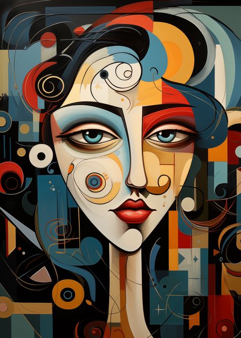 Geometric woman's face"Eva" is an evocative piece of abstract art that masterfully combines geometric shapes and vibrant colors to depict a woman's face with a deep, introspective expression. The artwork features a harmonious blend of swirling lines, bold blocks of color, and intricate details that draw the viewer into its complex layers. The striking contrast between the soft curves and sharp angles creates a dynamic and modern aesthetic, making "Eva" a captivating focal point in any contempora Vibrant Aesthetic, Dynamic Shapes, Fashion Art Prints, Large Oil Painting, Painting Still Life, Modern Interiors, Large Canvas Prints, Large Painting, Black & White