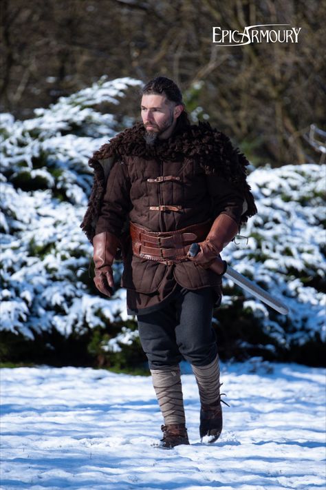 Viking warrior with fur, sword, gambeson, gloves, pants, leg wraps and leather boots Winter Viking, Male Viking, Viking Boots, Leg Wraps, Viking Warrior, Leather Boots, Gloves, Boots, Pants