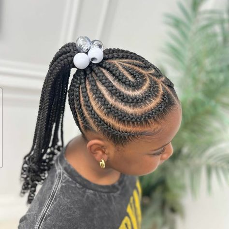 Black Girls Conrows Hairstyle Kids, Girls Braided Ponytail Hairstyles Kids Black Kids, Hairstyle For Little Black Girls Braided, Corn Rows With Ponytail, Cornrow French Braid Hairstyles, Kids Summer Braided Hairstyles, Kids Braid Ponytail Styles, Kids Braided Ponytail With Curls, Kids Scalp Braids Girl Hairstyles