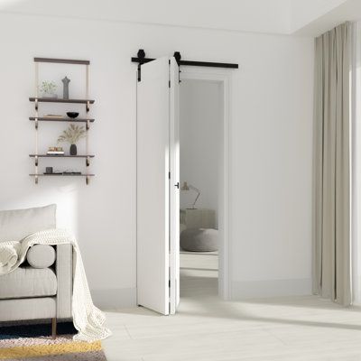 Our bi-fold barn doors are perfect for cabinets and closets! Working with pivoting rollers which allow the two doors or four doors to fold together and slide to the side. Track Length: 36 in. | ATT 36 In Single Bifold Sliding Barn Door Hardware Kit For Closet Doors in Black | 2 H x 36 W in | Wayfair Door For Small Space, Closet Door Alternative, Temporary Door, Modern Closet Doors, Door Alternatives, Folding Closet Doors, Bathroom Barn Door, Farm Door, Double Sliding Barn Doors