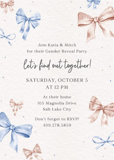 Painted Bows - Gender Reveal Invitation Template (Free) | Greetings Island Gender Reveal Invite Ideas, Gender Reveal Invitation Ideas Template, Gender Reveal Invites Template, Gender Reveal Invitations Ideas, Gender Reveal Invitations Template Free, Gender Reveal Quotes, Gender Reveal Party Invites, Gender Reveal Ideas For Party Theme, Gender Reveal Invitation Ideas