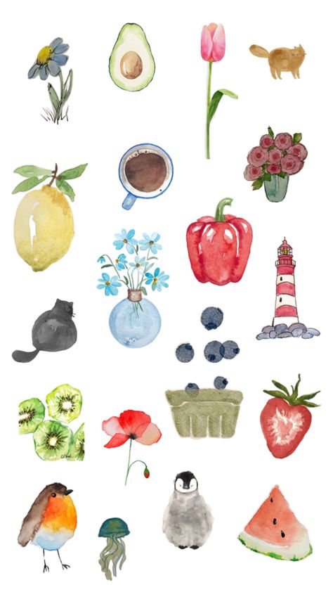 #collage #aesthetic #drawings #easydrawings #watercolor #watercolordrawings #viralpost Watercolor Collage Art, Watercolor Icons, Strawberry Watercolor, Watercolor Collage, Aesthetic Drawings, Food Doodles, Watercolor Food, Viral Post, Collage Art