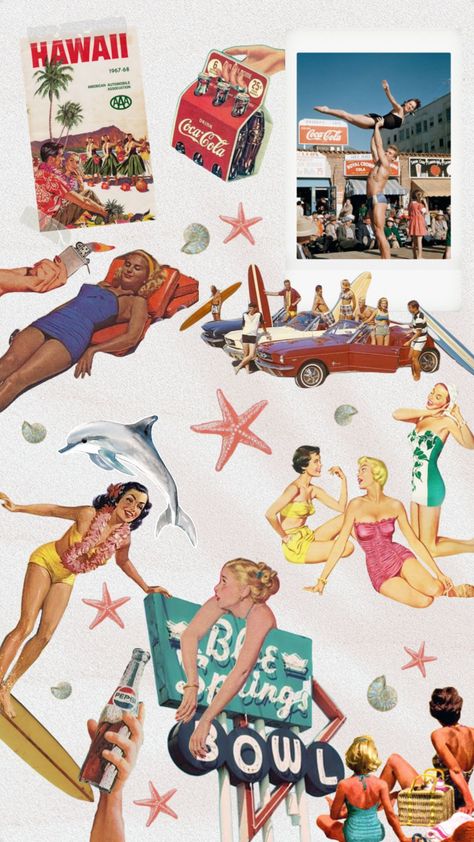 Summer Cartoon Aesthetic, 50s Beach Aesthetic, 50s Graphic Design, 60s Beach Aesthetic, Retro Beach Aesthetic, 50s Love, Vintage Beach Aesthetic, Retro Beach Party, 50s Beach