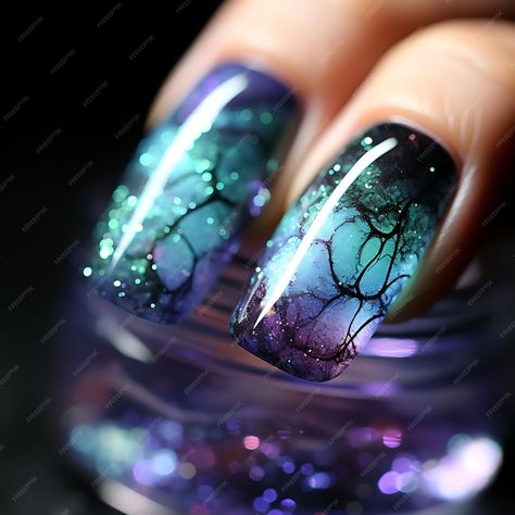 Premium AI Image | Aurora Borealis Nails Design Iridescent Colors Bokeh Effect Concept Idea Creative Art Photoshoot Aurora Borealis Nail Art, Aurora Borealis Nails, Art Photoshoot, Aurora Nails, Witchy Nails, Bokeh Effect, Pretty Nail Art Designs, Pretty Nail Art, Nail Inspiration