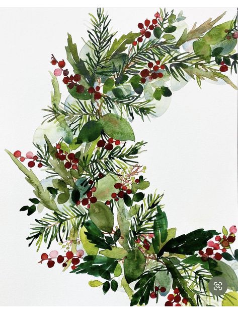 Watercolor Christmas Wreath Cards, Watercolor Christmas Greenery, Winter Painting Ideas Watercolors, Christmas Flower Paintings, Christmas Garland Painting, Christmas Flowers Painting, Christmas Floral Painting, Watercolor Christmas Flowers, Christmas Art Painting Acrylic Easy