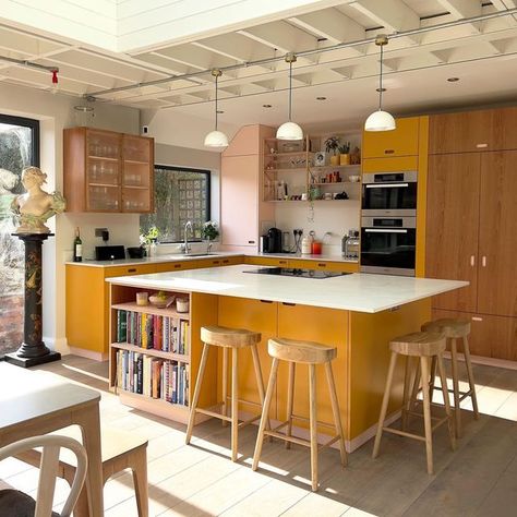 Island Shelves Kitchen, Kitchen Island Family Seating, Colourful Kitchen Island, Centre Island Kitchen, Kitchen Island With Seats, Modernist Kitchen Design, Open Shelving Kitchen Island, Edwardian Kitchen Extension, Real Kitchen Ideas