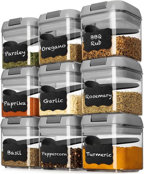 PRICES MAY VARY. 【 MODULAR SET FOR SNACKS & SPICES 】Set of 9 airtight food storage containers + 9 spoons to store your favorite spices, herbs, coffee, tea, and more in our. Each snack storage container measures 4.13" H x 3.93" W x 3.54" L and holds 2.1 cups (0.5 liters). Simplify your kitchen and pantry with these uniformly sized kitchen storage containers. 【 HIGH-QUALITY, BPA-FREE PLASTIC 】 Made from durable clear plastic, these seasoning containers are BPA free, ensuring safe storage for all y Pantry Organization Clear Containers, Cabinet Spice Organization, Kitchen Spices Storage Ideas, Seasoning Containers, Snack Storage Containers, Kitchen And Pantry, Pantry Storage Containers, Plastic Containers With Lids, Pantry Organisation