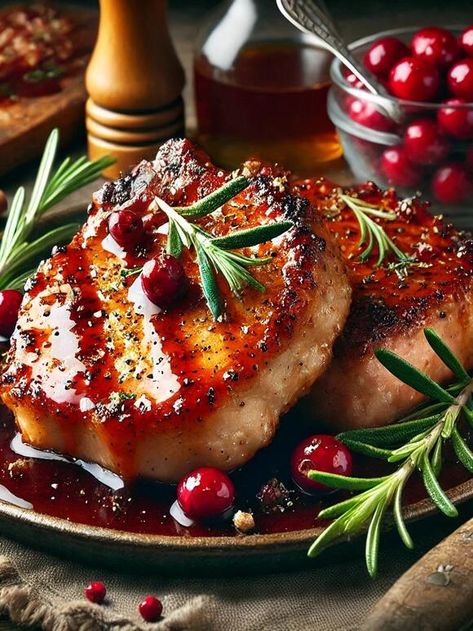 Taste Maine's Autumn with Cranberry Maple Glazed Pork Chops! Autumn Pork Chops, Cranberry Apple Pork Chops, Fall Pork Chops, Pork Loin With Cranberry Sauce, Cranberry Pork Chops, Maple Pork Chops, Maple Glazed Pork Chops, Cranberry Pork, Ham Hocks And Beans