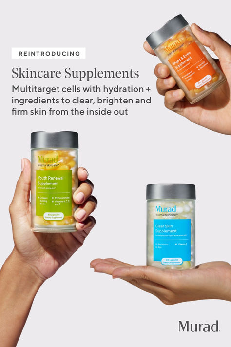 It’s not just a supplement. It’s skincare. Murad’s clinically proven skincare supplements multitarget cells with hydration, nutrients and lasting complexion benefits. Choose Clear Skin to help minimize breakouts, Bright & Even to help target dark spots, and Youth Renewal to help target signs of aging. Because healthier cells = healthier-looking skin, period Proven Skincare, Murad Skincare, Skincare Supplements, Skin Supplements, Boost Collagen Production, Skin Benefits, Vitamin Supplements, Pharmacist, Skin Firming