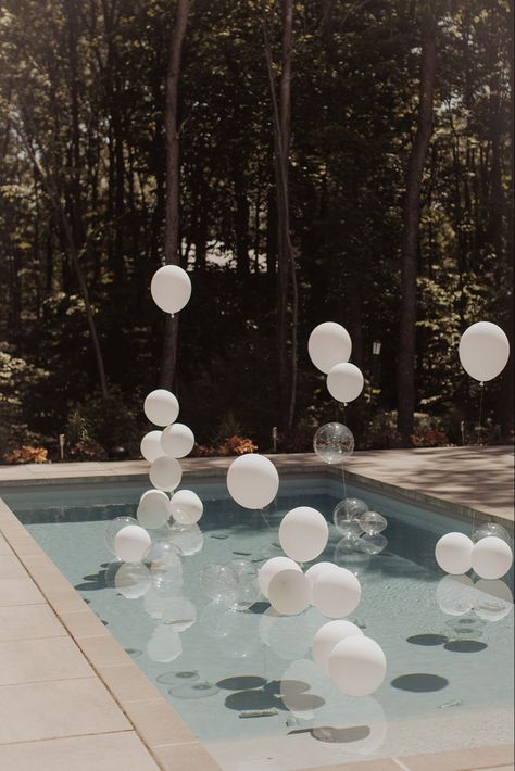 Wedding
Wedding pool decor 
Pool decorations 
Pool balloons Pool Decor Balloons, Wedding Pool Balloons, Balloons In A Pool, Summer Pool Wedding, White Balloons In Pool, Backyard White Party, Hamptons Party Decor, Pool Engagement Party Decor, Pool With Balloons