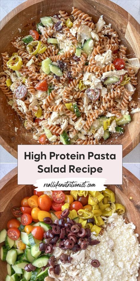 This high protein pasta salad with chicken is the best pasta salad for lunch, especially when you're looking for a healthy meal prep option. Protein pasta salad mixed with chicken is served cold so perfect for advanced prep! Cold Pasta Salad Recipes Protein, Best Healthy Pasta Salad, Macro Cold Lunch Ideas, Salads Using Rotisserie Chicken, High Protein Bulk Meal Prep, Lunch Prep Pasta Salad, High Protein Meals With Rotisserie Chicken, Cold Chicken Pasta Salad Healthy, Chicken Pasta Salad Meal Prep