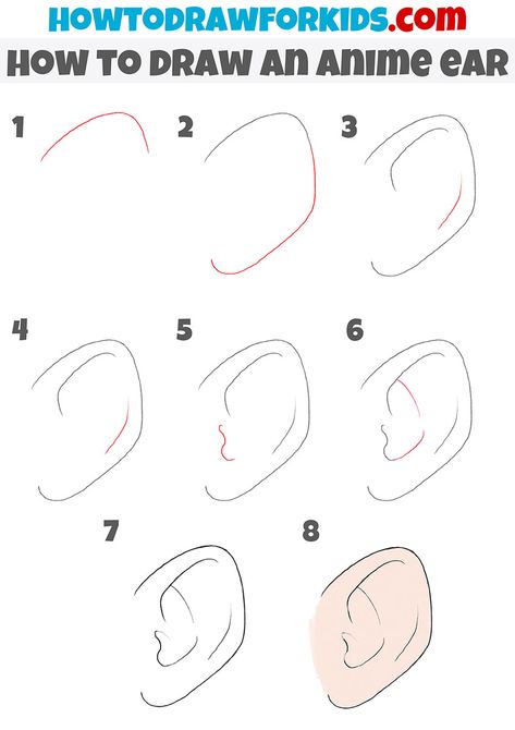 how to draw an anime ear step by step Anime Ear Tutorial, Step By Step Drawing Anime Body, Drawing Ears Anime, Anime Ear Piercing Drawing, Ear Drawing Reference Anime, Anime Ear Reference, Ear Drawing Tutorial Step By Step, Anime Ears Drawing, How To Draw Ears Anime