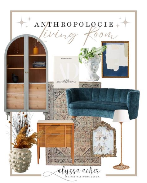 All my favorite jewel tone Anthropologie home decor styled into the perfect cozy timeless living room. Arched Cabinet and wood toned tables mixed gold accents! Stunning styled living room. Anthropologie Living Room Inspiration, Anthropologie Living Room, Anthropologie Home Decor, Styled Living Room, Arched Cabinet, Timeless Living Room, Study Wall, Anthropologie Home, Stylish Living Room