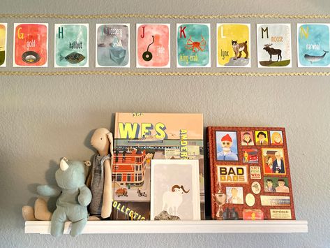 Wes Anderson Themed Nursery, Moonrise Kingdom Nursery, Food Themed Nursery, Wes Anderson Nursery, Artsy Nursery, Colorful Boy Nursery, Wes Anderson Room, Orange Nursery Boy, Wes Anderson Decor