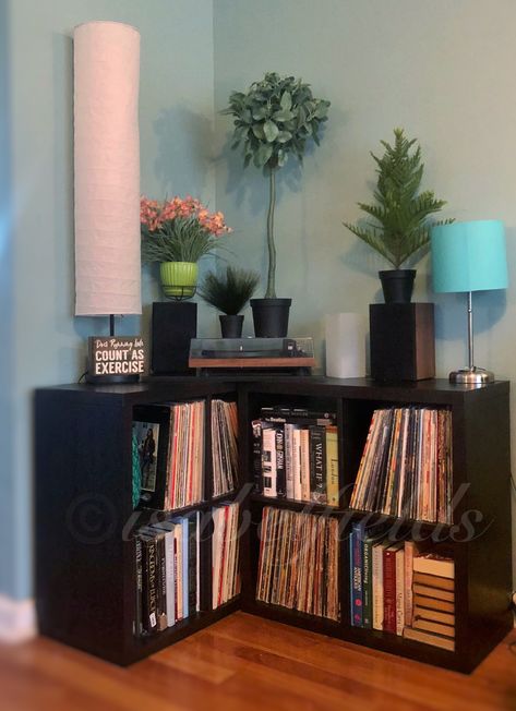 corner storage records and books #smallspaces #ikea #kallax #vinyl #lp Ikea Vynil Storage, Corner Vinyl Storage, Record Storage Corner, Tv Stand With Vinyl Record Storage, Kallax Lp Storage, Kallax Book Storage, Ikea Kallax Record Storage, Record And Book Storage, Vinyl Corner Living Room