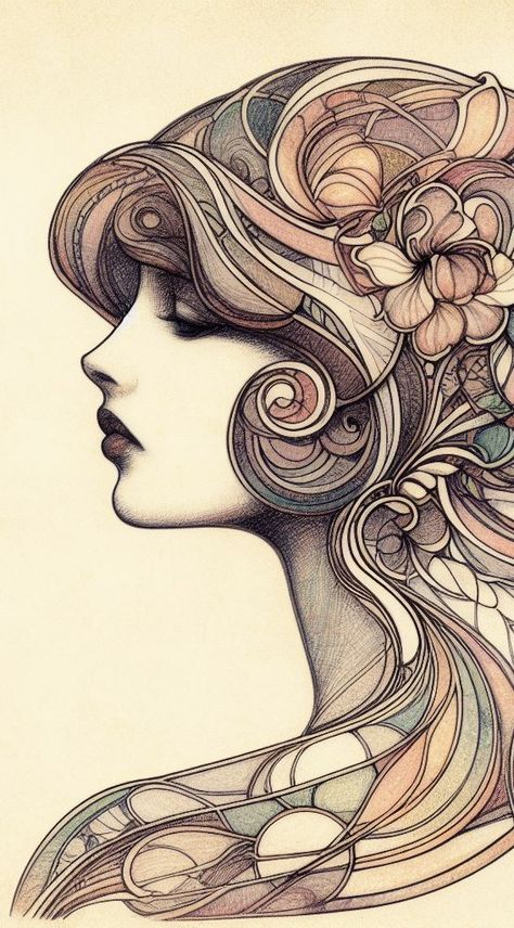 A Glasgow art nouveau inspired tattoo design blending geometric and nature-inspired motifs in a harmonious face representation. Art Nouveau Typography, Fleurs Art Nouveau, Decorative Typography, Motifs Art Nouveau, Illustration Art Nouveau, Design Art Nouveau, Unique Postcards, Drawing Hands, Art Nouveau Illustration