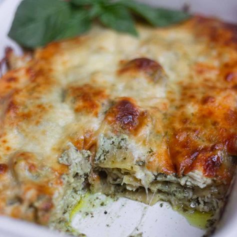 This easy and delicious white Chicken Pesto Lasagna is layered with shredded chicken, a creamy pesto béchamel sauce, and mozzarella cheese. Chicken Pesto Lasagna Recipes, Pesto Chicken Lasagna, Chicken Pesto Lasagna, Pesto Lasagna, Salmon Quinoa, Béchamel Sauce, Homemade Pesto Sauce, Pesto Tortellini, Meat Lasagna