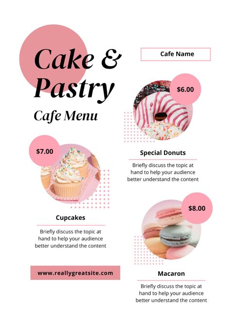 Get more unique template designs like this at www.canva.com/p/sylvia-design-studio/ Dessert Flyer Design, Pastries Menu Design, Orange Aesthetic Minimalist, Aesthetic Menu Template, Pastry Menu Design, Pink Minimalist Cake, Menu Design Ideas Templates, Catering Menu Design, Menu Cake