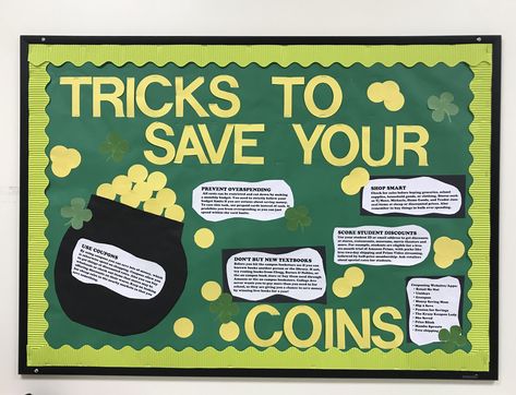 Tips to save money  #bulletinboards #residentassistnt #personaldevelopment #auburnuniversity  #ra Money Bulletin Board, March Decor, Res Life Bulletin Boards, Resident Assistant Bulletin Boards, Literacy Display, March Bulletin Board, Bulletin Ideas, College Bulletin Boards, Ra Themes