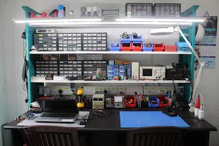 Electronics Workbench ~ GSmicro Computer Repair Workbench, Work Bench Ideas, Electronics Workspace, Electronics Lab Workbenches, Electronics Workbench, Workbench Ideas, Classroom Interior, Garage Organisation, Home Lab