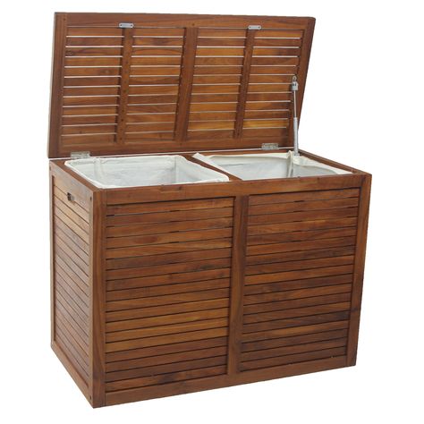 The classy Original Spa™ Teak Laundry Hamper from AquaTeak's collection of bathroom teak furniture is perfect for either indoor or outdoor use. Incredibly versatile, this laundry hamper can also be used as a beautiful storage container and more. Wood Laundry Basket, Wood Hamper, Wood Laundry Hamper, Double Laundry Hamper, Laundry Hampers, Laundry Sorter, Teak Bench, Teak Wall, Hamper Storage