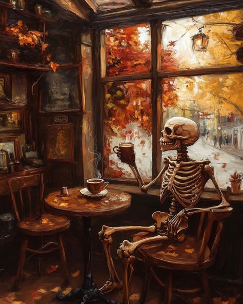 Spoopy coffee date ☕️ #skeletonart #halloweenart #autumnart #coffeeshopvibes Spooky Still Life, Thanksgiving Skeleton, Coffee Shop Illustration, Fall Skeleton, Coffee Skeleton, Spooky Coffee, Coloring Contest, Skeleton Illustration, Cats Photos