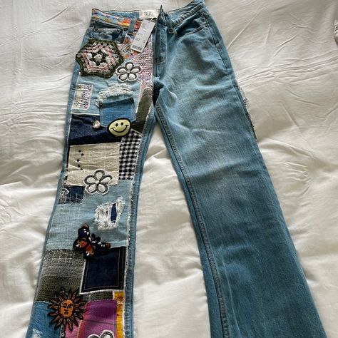 Diy Patchwork Jeans, Jeans Urban Outfitters, Hippie Jeans, Distressed Pants, Patch Jeans, Dark Wash Bootcut Jeans, Bdg Jeans, Flare Denim Jeans, Diy Fashion Clothing