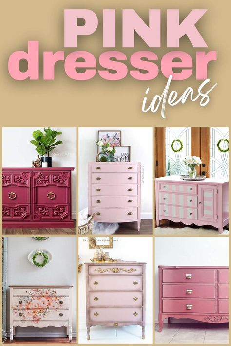 Pink Dresser Ideas Pink Refurbished Furniture, Blush Pink Furniture Painted, Diy Pink Dresser Makeover, Blush Pink Furniture, Cool Dressers, Pink Chalk Paint Furniture, Painting Dresser Ideas, Pink Dresser Makeover, Bow Bedroom