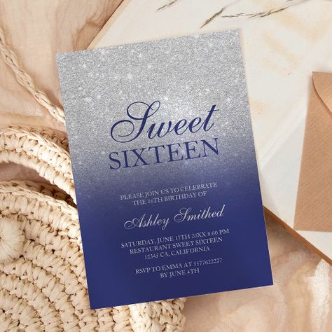 Chic Silver Glitter Navy Blue Elegant Sweet 16 Invitation #zazzle #weddinginvitations #birthdayinvitations #babyshowerinvitations #zazzleinvitations #monogram #businesscards #graduation #homedecor Navy Blue And Silver Sweet 16 Decorations, Sweet 16 Party Ideas Blue And Silver, Blue And Silver Sweet 16, Sweet 16 Invitations Blue, Elegant Sweet 16, Blue Sweet 16, Elegant Birthday Invitations, 16 Invitations, Silver Invitation