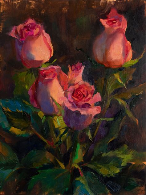 Oil painting of pink roses on a dark background Elena Morozova, Pink Flower Painting, Roses Painting, Rose Oil Painting, Tulip Painting, Beautiful Oil Paintings, Landscape Art Painting, Oil Painting Flowers, Rose Art