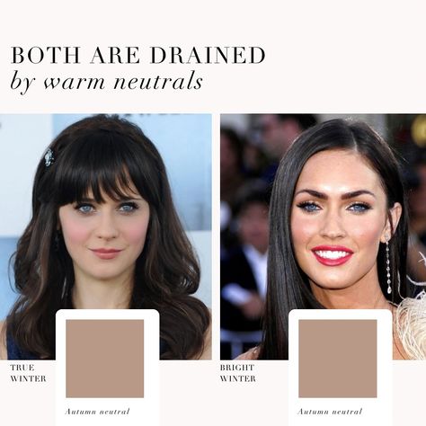 Colour analysis comparison, True Winter VS Bright Winter 🖤 . #coloranalysis #colouranalysis #coloranalyst #winterpalette #zooeydeschanel #meganfox Cool Winter Vs Bright Winter, Colour Season, Colour Analysis, True Winter, Cool Winter, Seasonal Color Analysis, Bright Winter, Wardrobe Planning, Deep Winter