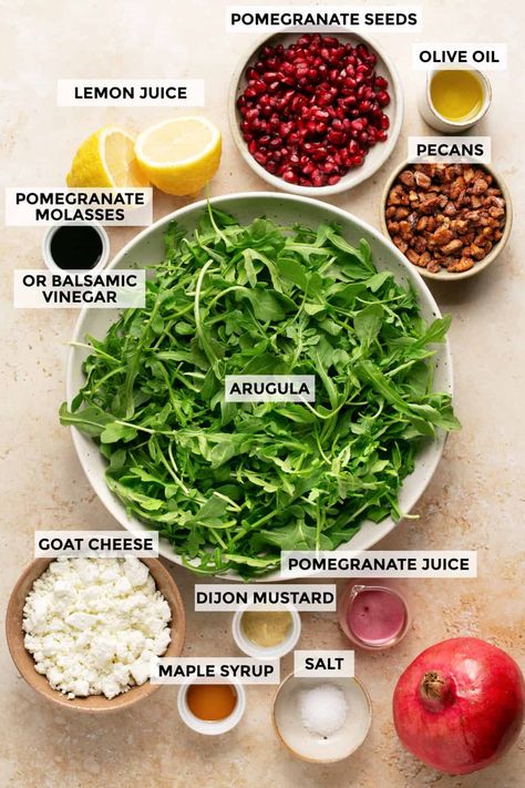 Kale Salad With Pomegranate Seeds, Arugula And Pomegranate Salad, Pomegranate Arugula Salad, Pomegranate Chicken Salad, Autumn Salad Recipes Thanksgiving, Fancy Salad Ideas, Pomegranate Recipes Dinner, Dressing For Arugula Salad, November Salad