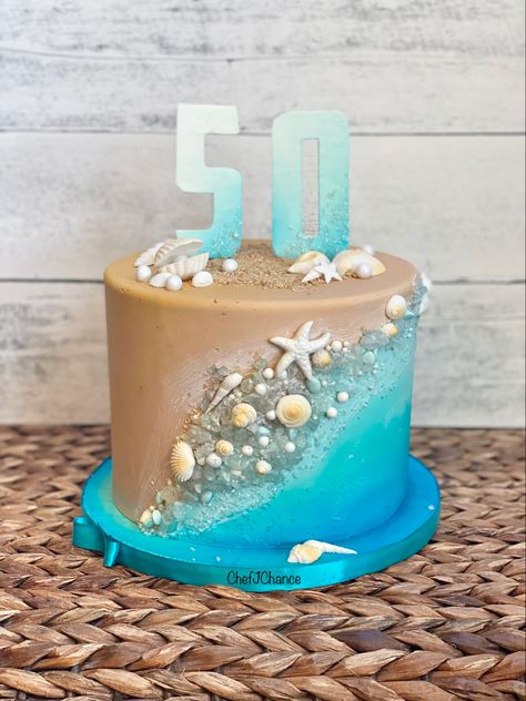 60th Birthday Beach Theme, Cake With Sea Theme, 50th Birthday Ocean Theme, Beach Fondant Cake, Beach Buttercream Cake, 50th Birthday Beach Theme, 50th Beach Birthday Party, Blue Beach Cake, Ocean Cake Design