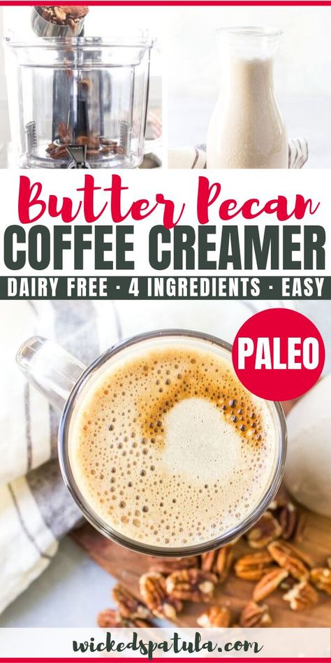 Homemade Butter Pecan Coffee Creamer - For this recipe I used raw pecans (no need for soaking!!), a little grass-fed butter, vanilla, salt, and a touch of sweet maple syrup. Butter Pecan Coffee Creamer, Nutramilk Recipes, Butter Pecan Coffee, Flavored Coffee Creamer Recipes, Homemade Creamer, Butter Pecan Syrup, Homemade Coffee Creamer Recipe, Raw Cream, Diy Coffee Creamer