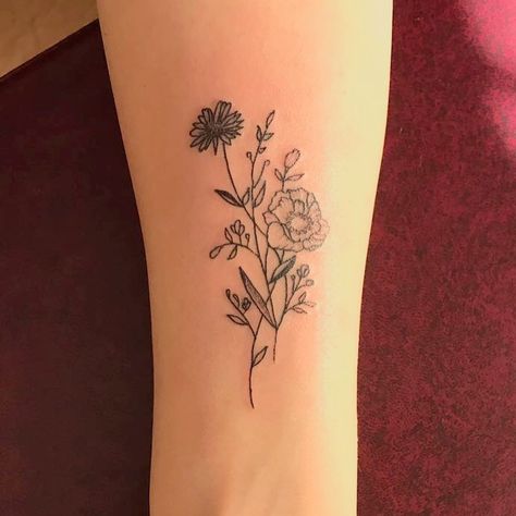 Aster And Gladiolus Flower Tattoo, Mixed Flower Bouquet Tattoo, Gladiolus And Aster Tattoo, Poppy And Aster Tattoo, Daisy And Gladiolus Tattoo, Poppy And Daisy Tattoo, Dainty Tattoos For Women, Gladiolus Flower Tattoos, Aster Tattoo