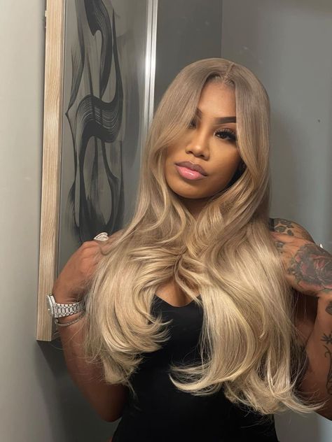 Curled Middle Part Wig, Cute Blonde Wigs For Black Women, Wand Curls On Blonde Wig, Classy Blue Hair, Black Outfit Blonde Hair, Lace Wig Colors, Blonde Curtain Bangs Black Women, Black Woman Wig Hairstyles, Birthday Hair Colors For Black Women